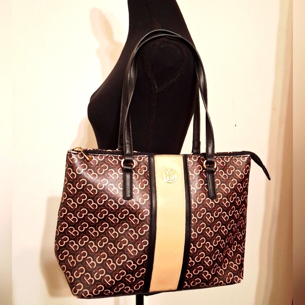 Stylish Brown and Tan Satchel Man Made Material